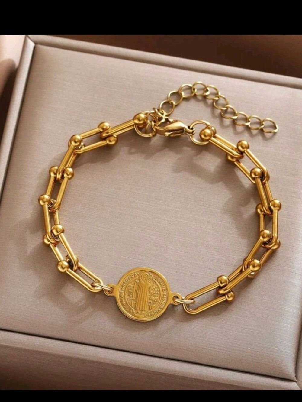 Gold U Link Jesus Cross Medallion Bracelet